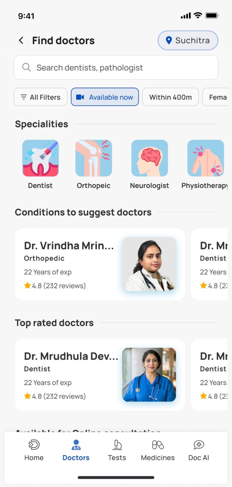 Docatho app screen: find a doctor