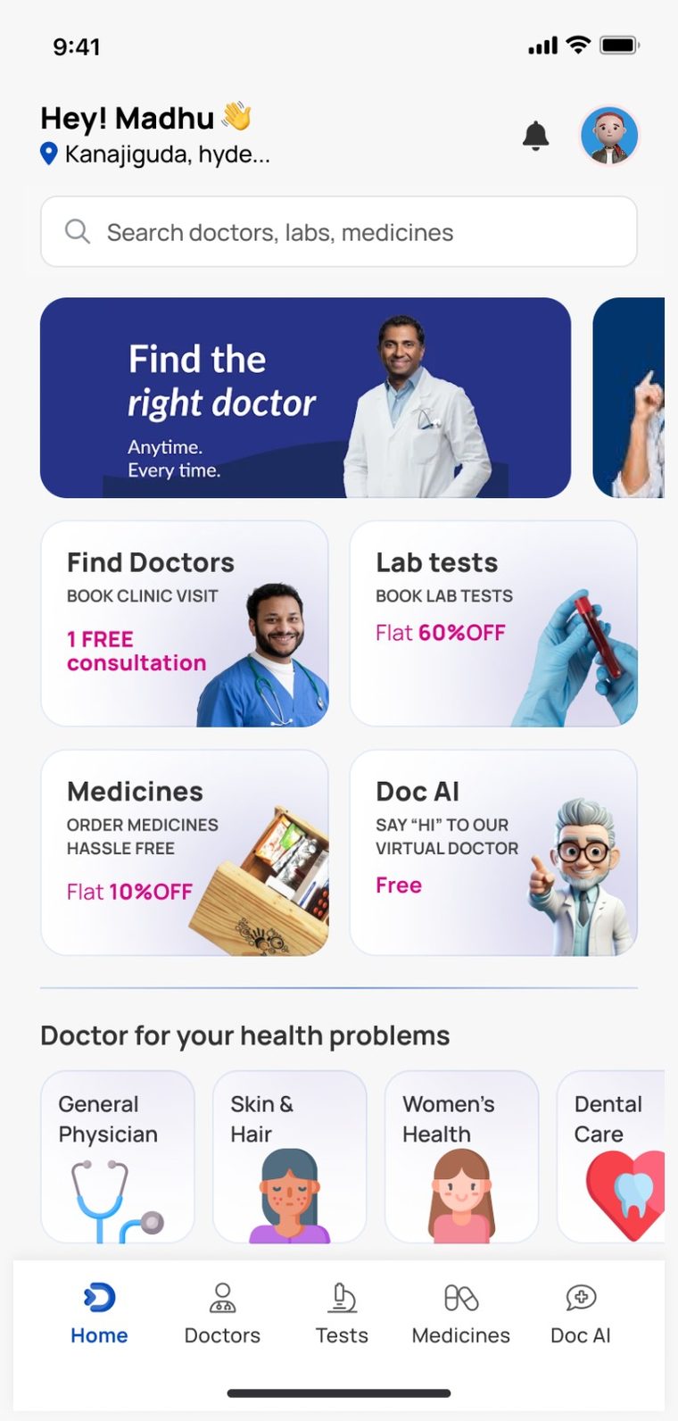 Docatho app screen: your home