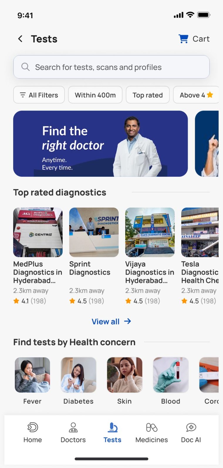 Docatho app screen: tests & diagnostics