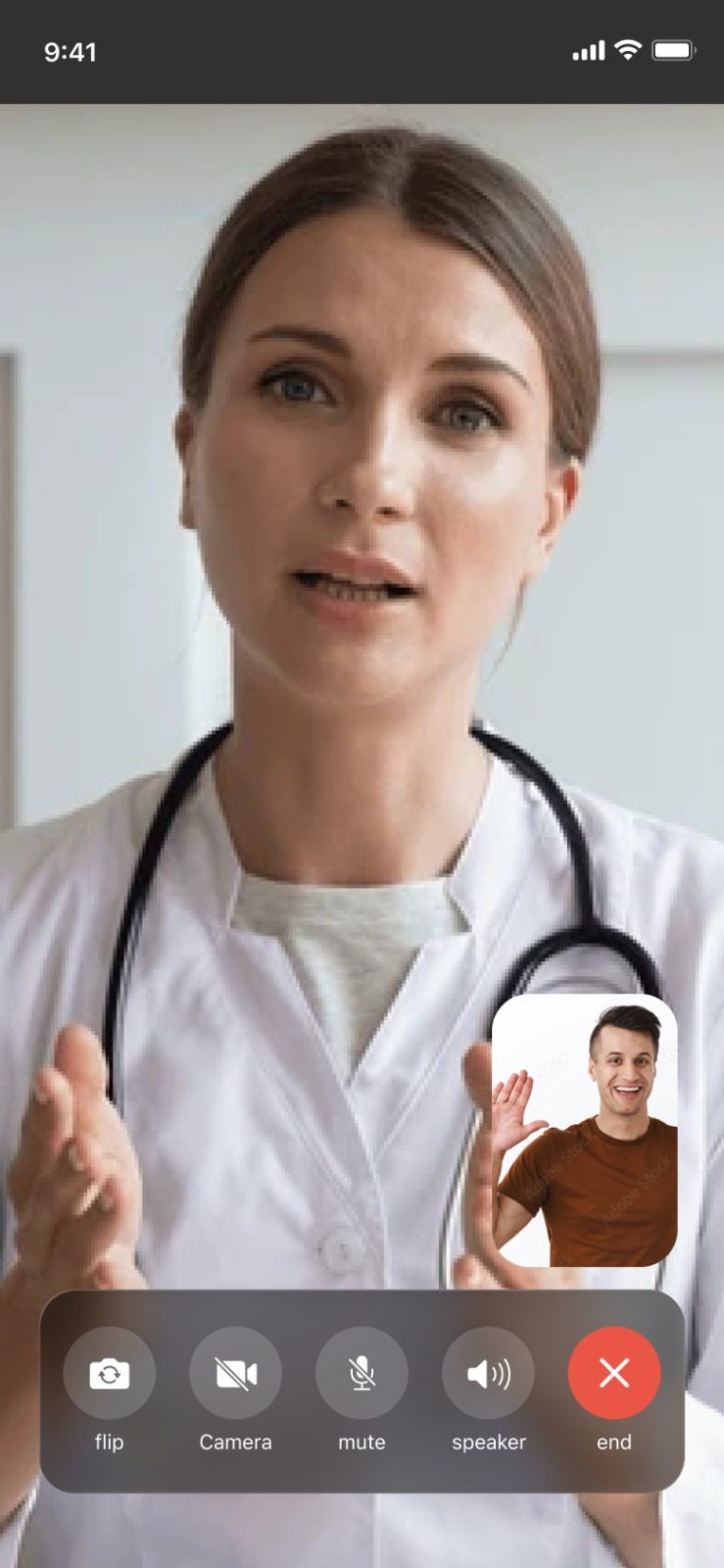 Docatho app screen: consult over video