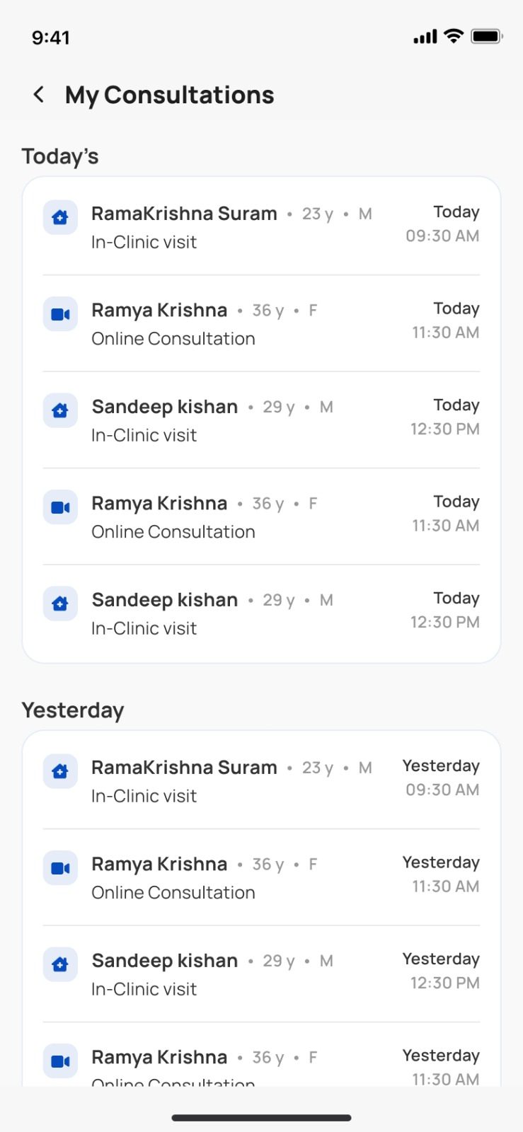 Docatho partner app screen: my consultations, today and yesterday