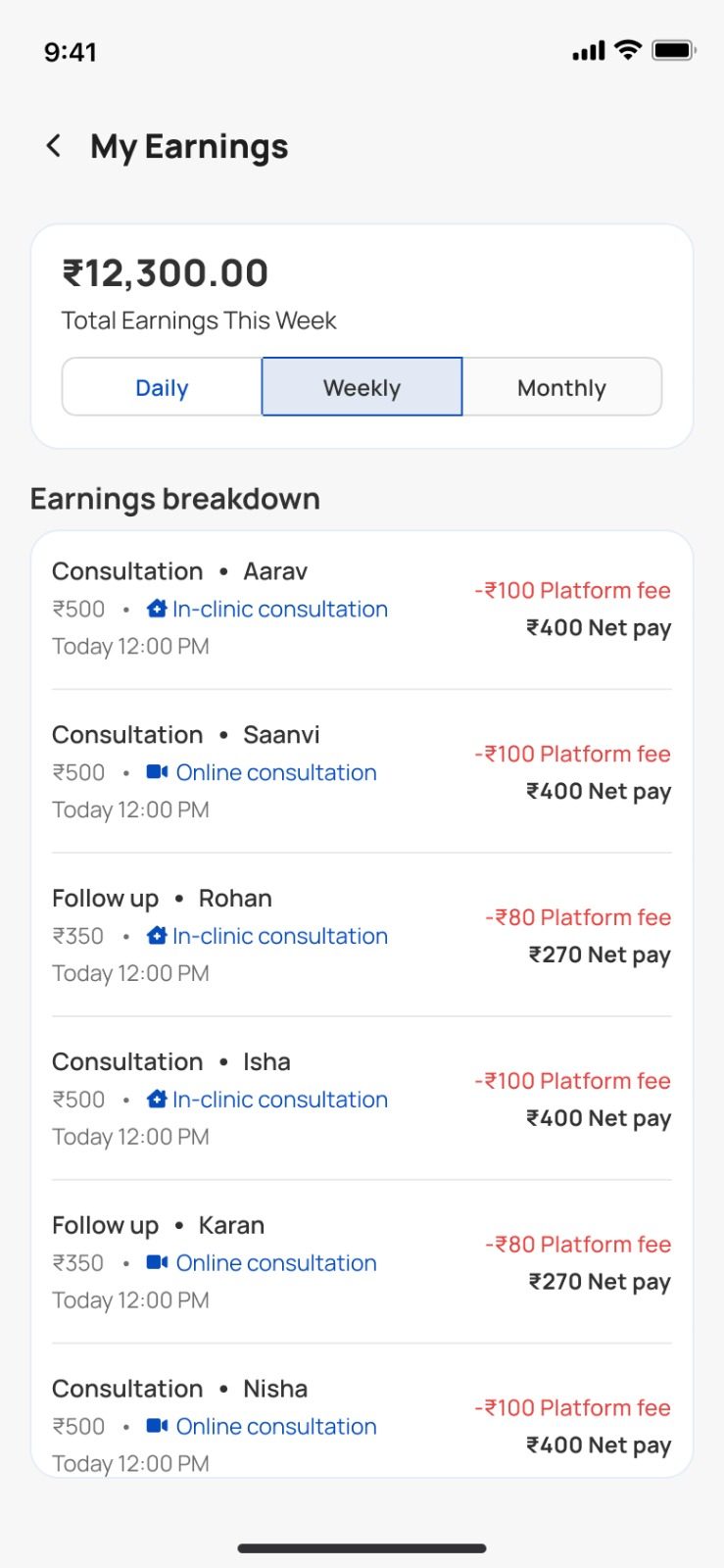Docatho partner app screen: my earnings, daily weekly and monthly