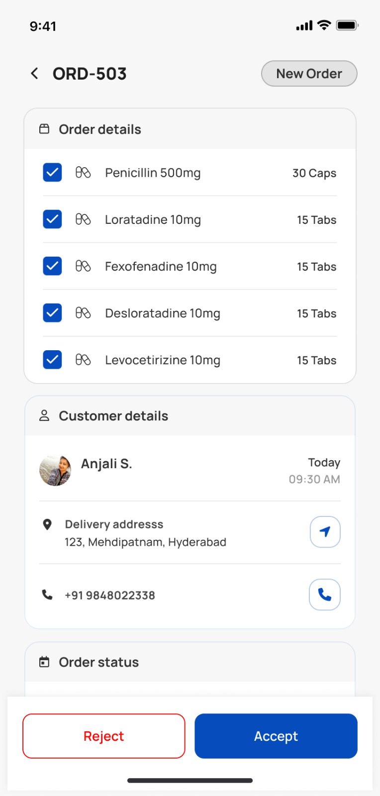 Docatho partner app screen: a pharmacy order with items, customer and delivery address