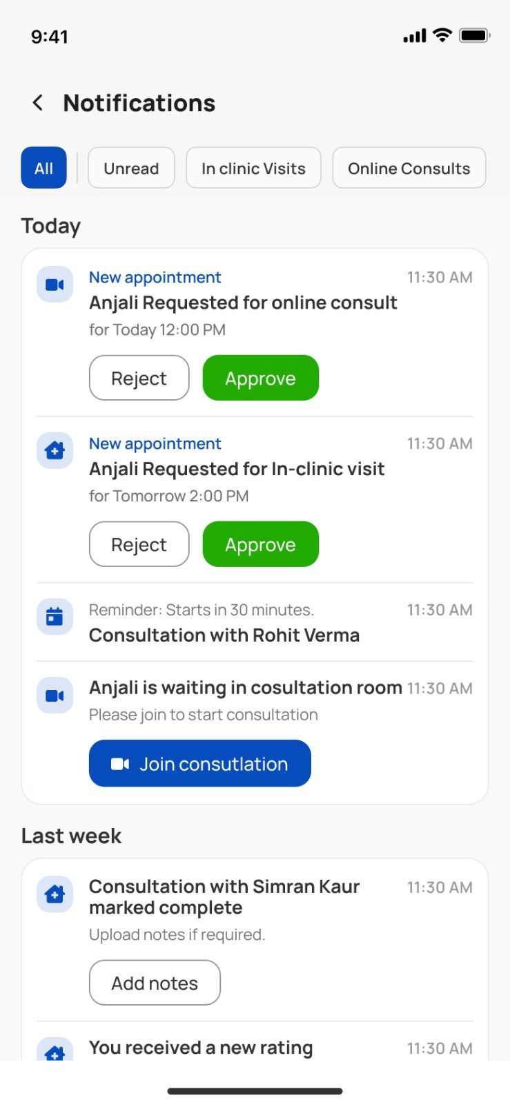 Docatho partner app screen: appointment requests with approve and reject