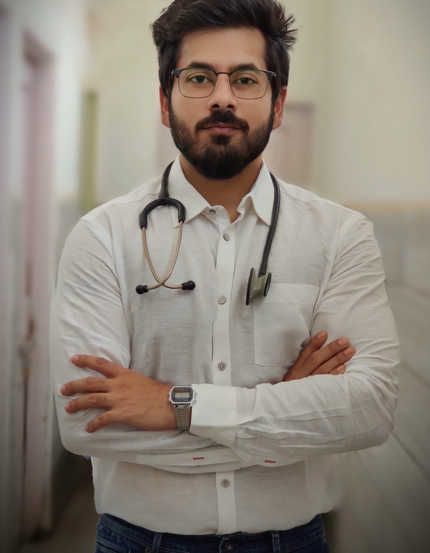 A doctor in a modern Indian clinic, painted onto the hall as one of the providers Docatho connects